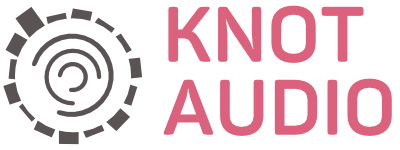 Knot Audio logo with pink letters and a grey favicon.